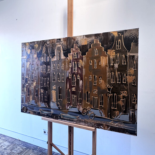 Painting- 80x120x4,5 cm - Rick Triest - Amsterdam LUXURY style - grachten gevels in omber & Gold #225