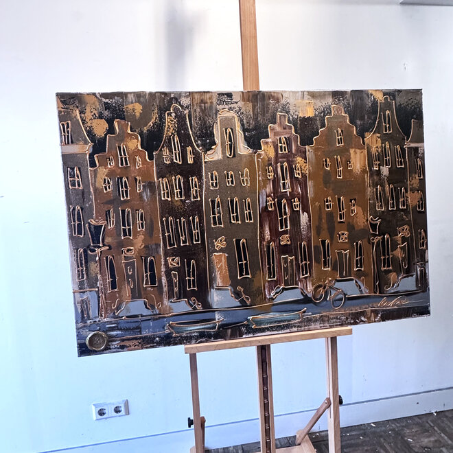 Painting- 80x120x4,5 cm - Rick Triest - Amsterdam LUXURY style - grachten gevels in omber & Gold #225