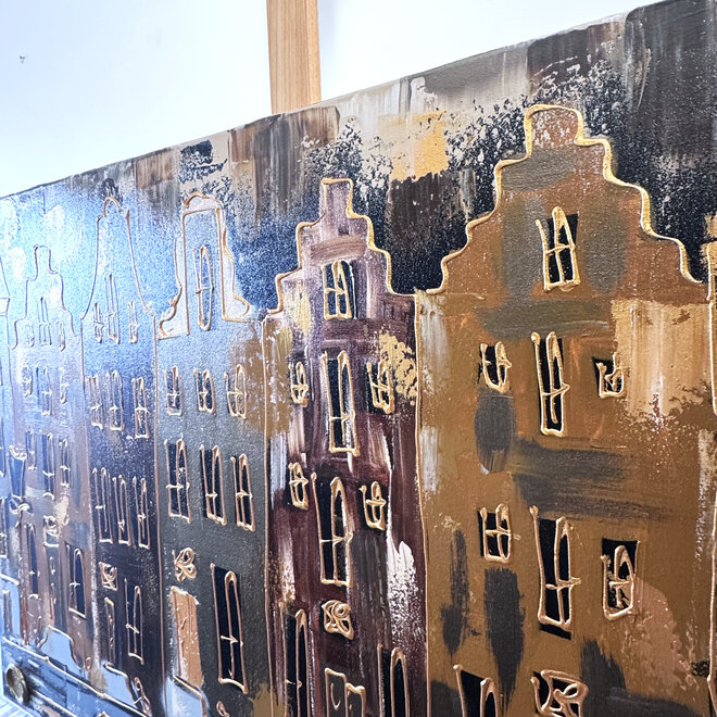 Schilderij- 80x120x4,5 cm - Rick Triest - Amsterdam LUXURY style - grachten gevels in omber & Gold #225