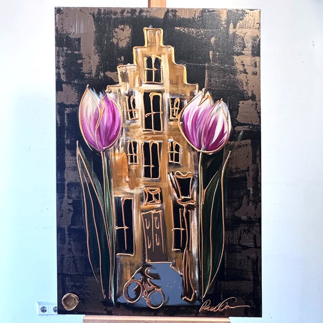 Painting  -80x120 cm - Tulpenmanie - Hollands tafereel - Omber & Gold #1