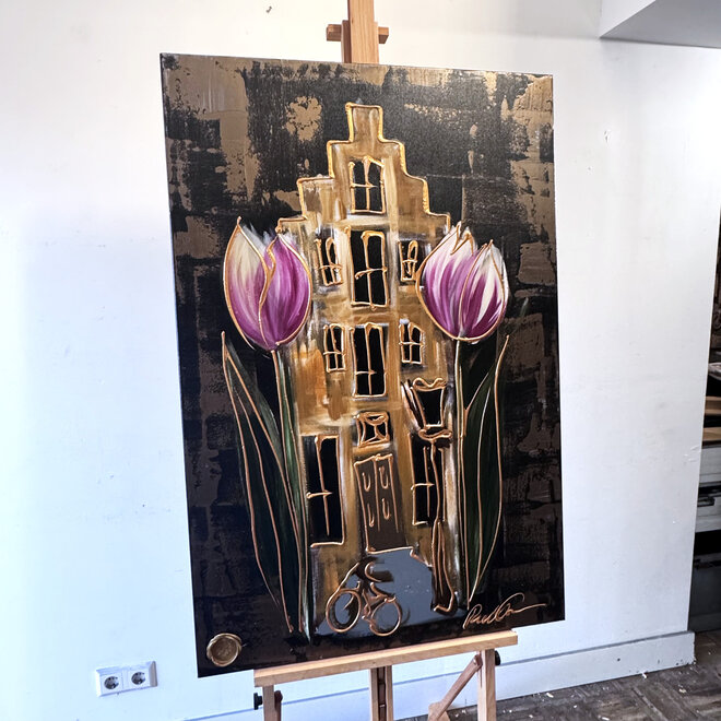 Schilderij - 80x120 cm - Rick Triest - Hollands tafereel - Omber & Gold #1