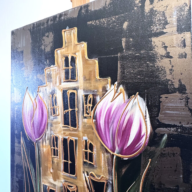 Schilderij - 80x120 cm - Rick Triest - Hollands tafereel - Omber & Gold #1