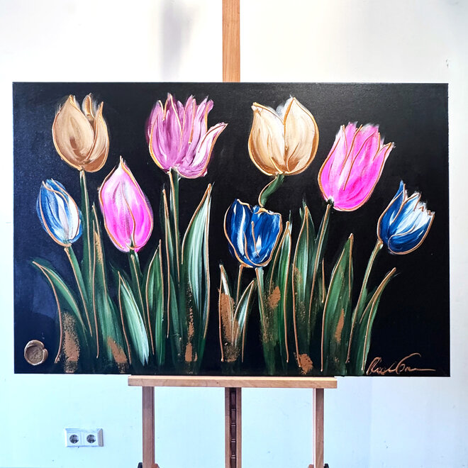 Schilderij -80x120 cm - Tulpenmanie - kleurrijke tulpen - Black & Gold #2