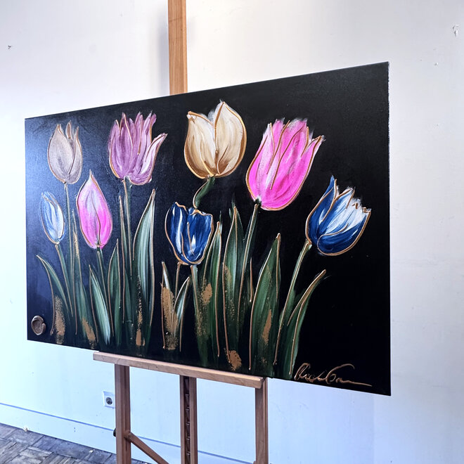 Painting  - 80x120 cm - Rick Triest - kleurrijke tulpen - Black & Gold #2