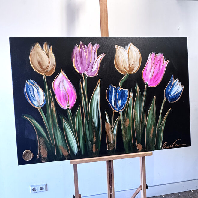 Schilderij - 80x120 cm - Rick Triest - kleurrijke tulpen - Black & Gold #2