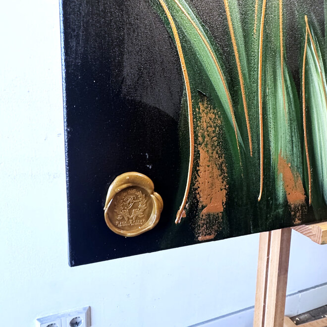 Schilderij - 80x120 cm - Rick Triest - kleurrijke tulpen - Black & Gold #2