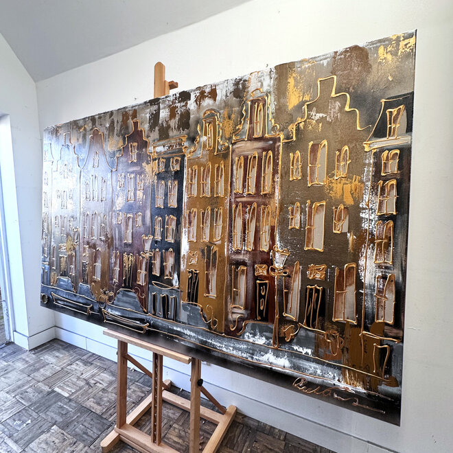 Painting- Rick Triest - 120X200cm - Amsterdam LUXURY style - grachten gevels in omber & Gold - XL 2