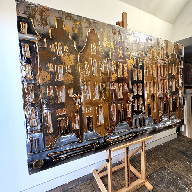 Schilderij- Rick Triest - 120X200cm - Amsterdam LUXURY style - grachten gevels in omber & Gold - XL 2