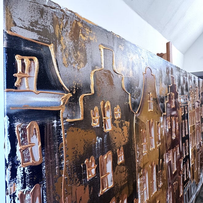 Painting- Rick Triest - 120X200cm - Amsterdam LUXURY style - grachten gevels in omber & Gold - XL 2