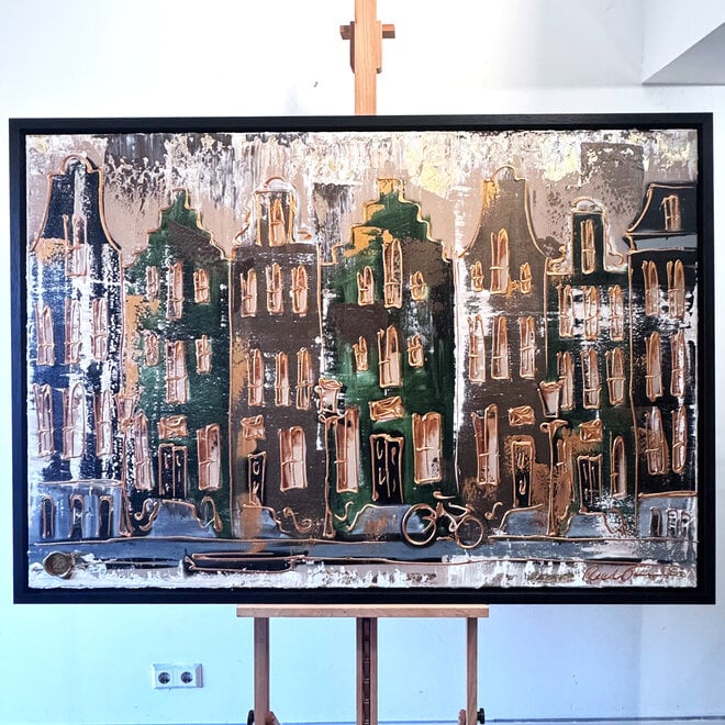 Painting- 100x150cm - Amsterdam LUXURY style - grachten gevels in omber & Gold #24
