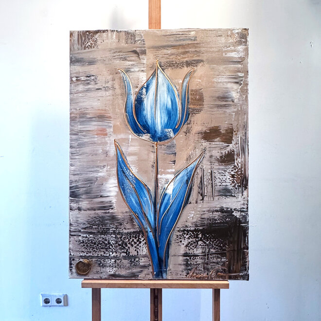 Schilderij -70x100 cm - Tulpenmanie - Luxury Tulpen - Bronze & Blue #1