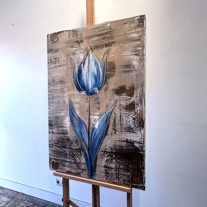 Schilderij - 70x100 cm - Rick Triest - Luxury Tulpen - Bronze & Blue #1