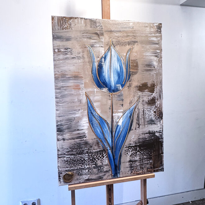 Schilderij - 70x100 cm - Rick Triest - Luxury Tulpen - Bronze & Blue #1