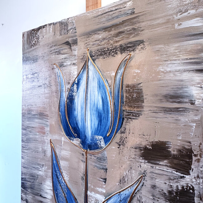 Schilderij - 70x100 cm - Rick Triest - Luxury Tulpen - Bronze & Blue #1