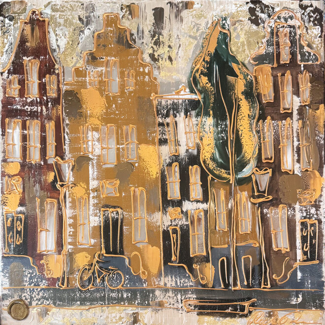 Schilderij- 100x100cm - Amsterdam LUXURY style -  grachten gevels in omber & Gold #236