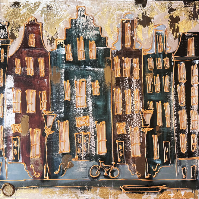 Schilderij- 100x100cm - Rick Triest - Amsterdam LUXURY style -  grachten gevels in omber & Gold #237