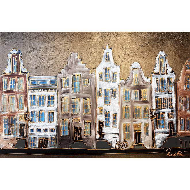 Schilderij- 100x150cm - Amsterdam LUXURY style - grachten gevels in omber & Gold #25