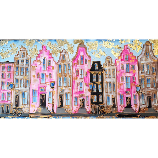 Schilderij- 100x200cm - Amsterdam Herengracht -Blue & Gold - XL - Pink 2