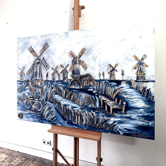 Schilderij- 100x100cm - Rick Triest - Hollandse molen - Delft blauw & gold - Landschap