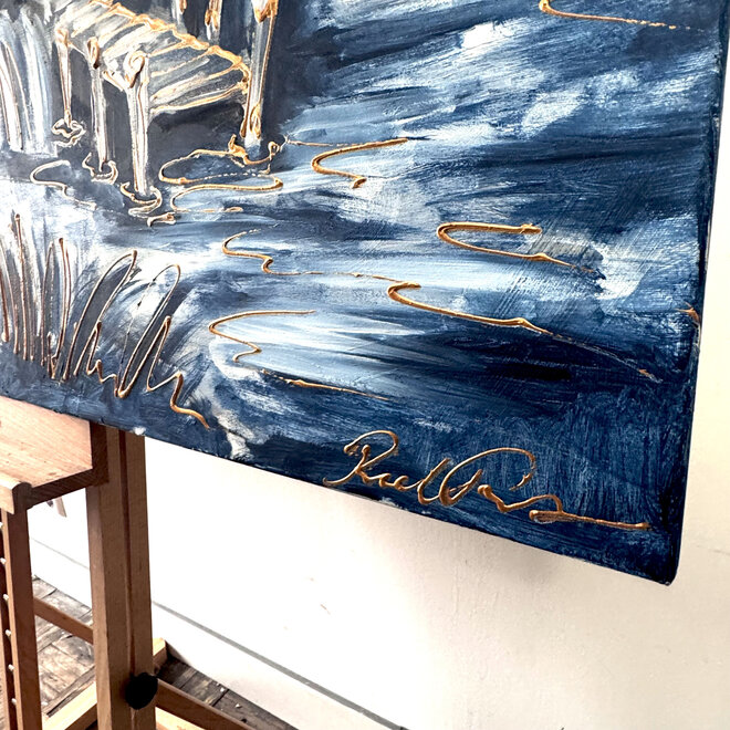 Schilderij- 100x100cm - Rick Triest - Hollandse molen - Delft blauw & gold - Landschap
