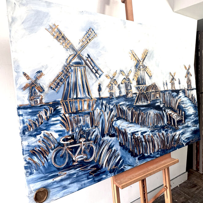 Schilderij- 100x100cm - Rick Triest - Hollandse molen - Delft blauw & gold - Landschap
