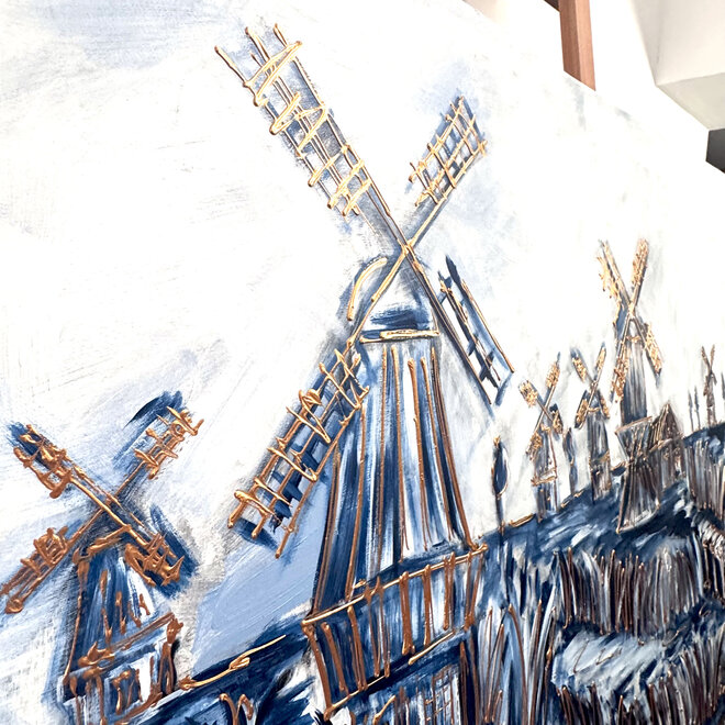 Painting-  100x100cm - Rick Triest - Dutch Windmill -  Delft blauw & gold - Landschap