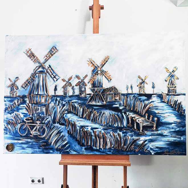 Schilderij- 100x100cm - Rick Triest - Hollandse molen - Delft blauw & gold - Landschap