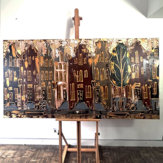 Schilderij- 100x200cm - Amsterdam LUXURY style - grachten gevels in omber & Gold #14