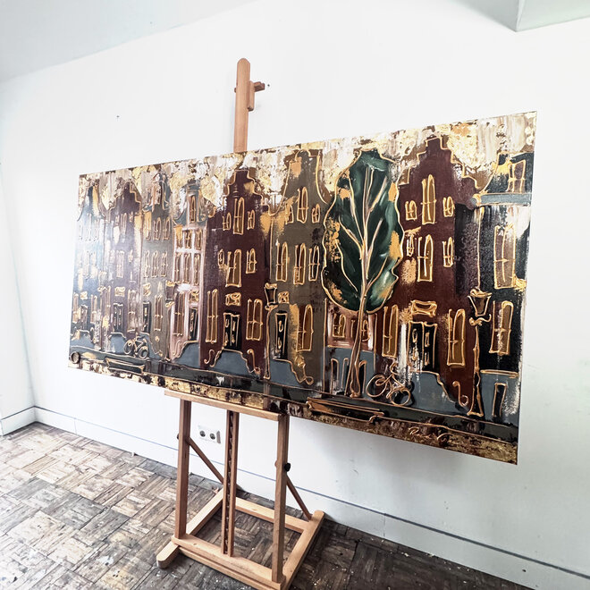 Painting-  100x200cm - Amsterdam LUXURY style - grachten gevels in omber & Gold #14