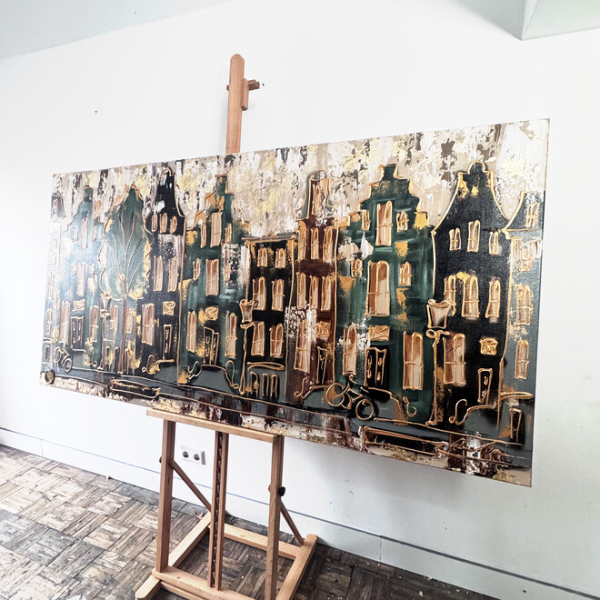 Painting-  100x200cm - Amsterdam LUXURY style - grachten gevels in omber & Gold #12
