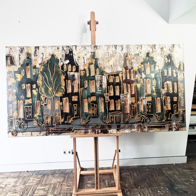 Painting-  100x200cm - Amsterdam LUXURY style - grachten gevels in omber & Gold #12