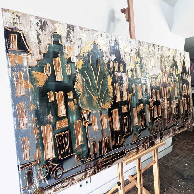 Painting-  100x200cm - Amsterdam LUXURY style - grachten gevels in omber & Gold #12