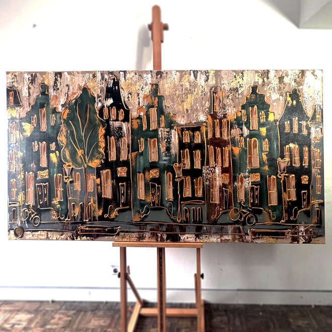 Painting- 100x200cm - Amsterdam LUXURY style - grachten gevels in omber & Gold #12