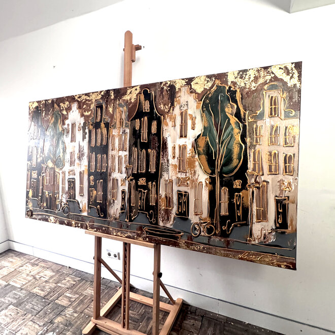 Painting-  100x200cm - Amsterdam LUXURY style - grachten gevels in omber & Gold #11