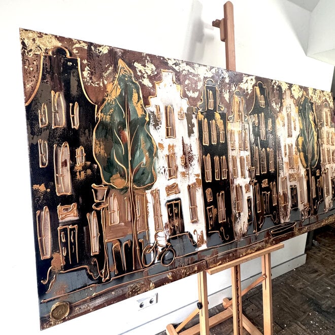 Painting-  100x200cm - Amsterdam LUXURY style - grachten gevels in omber & Gold #11