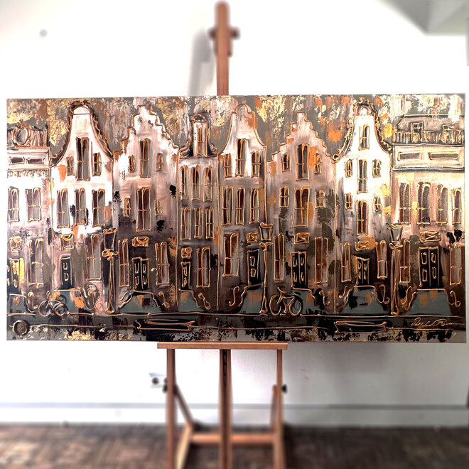 Schilderij- 100x200cm - Amsterdam LUXURY style - grachten gevels in omber & Gold #10