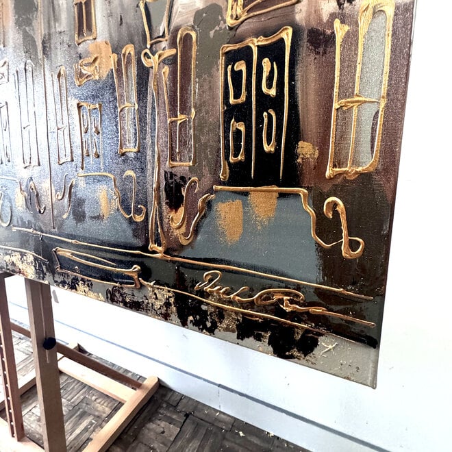 Schilderij- 100x200cm - Amsterdam LUXURY style - grachten gevels in omber & Gold #10
