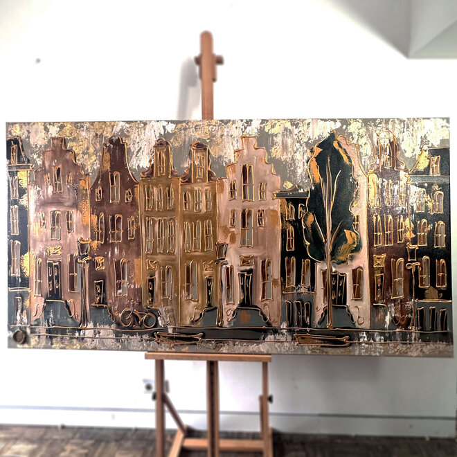 Painting- 100x200cm - Amsterdam LUXURY style - grachten gevels in omber & Gold #9