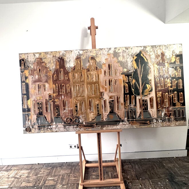 Painting- 100x200cm - Amsterdam LUXURY style - grachten gevels in omber & Gold #9