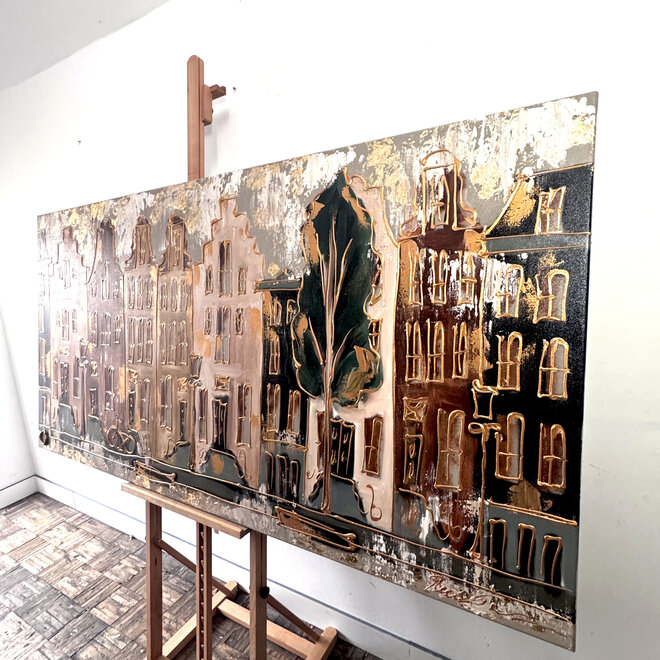 Painting- 100x200cm - Amsterdam LUXURY style - grachten gevels in omber & Gold #9