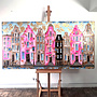 Painting-  100x200cm -Rick Triest -  Amsterdam Herengracht -Blue & Gold - XL - Pink 2