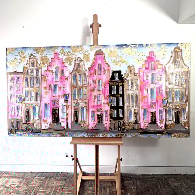 Painting-  100x200cm -Rick Triest -  Amsterdam Herengracht -Blue & Gold - XL - Pink 2