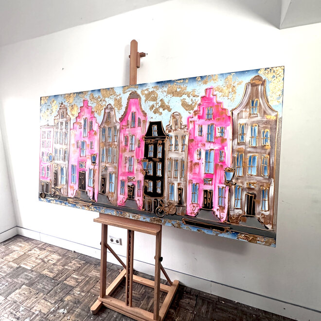 Painting-  100x200cm -Rick Triest -  Amsterdam Herengracht -Blue & Gold - XL - Pink 2