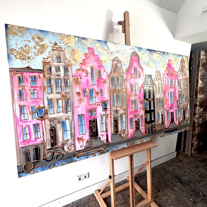 Painting-  100x200cm -Rick Triest -  Amsterdam Herengracht -Blue & Gold - XL - Pink 2