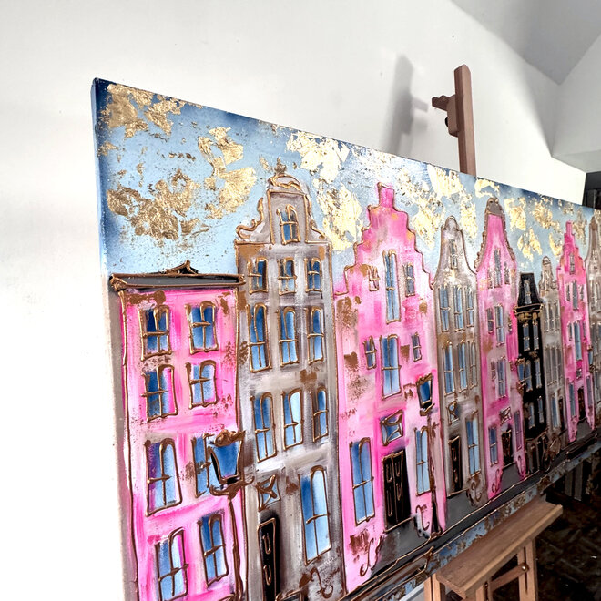 Painting-  100x200cm -Rick Triest -  Amsterdam Herengracht -Blue & Gold - XL - Pink 2