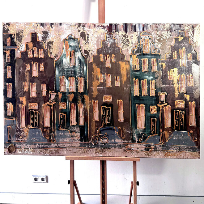 Schilderij- 100x150cm - Amsterdam LUXURY style - grachten gevels in omber & Gold #30