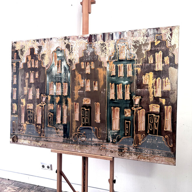 Painting- 100x150cm - Rick Triest - Amsterdam LUXURY style - grachten gevels in omber & Gold #30