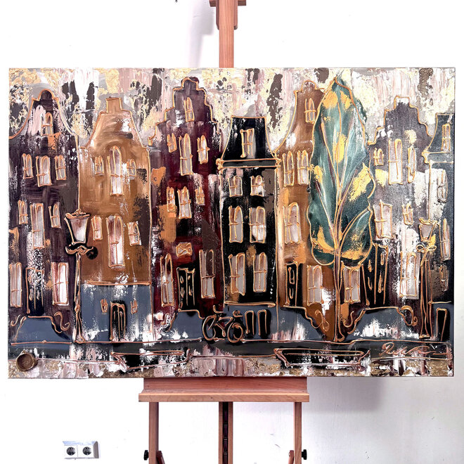 Schilderij- 100x150cm - Amsterdam LUXURY style - grachten gevels in omber & Gold #29