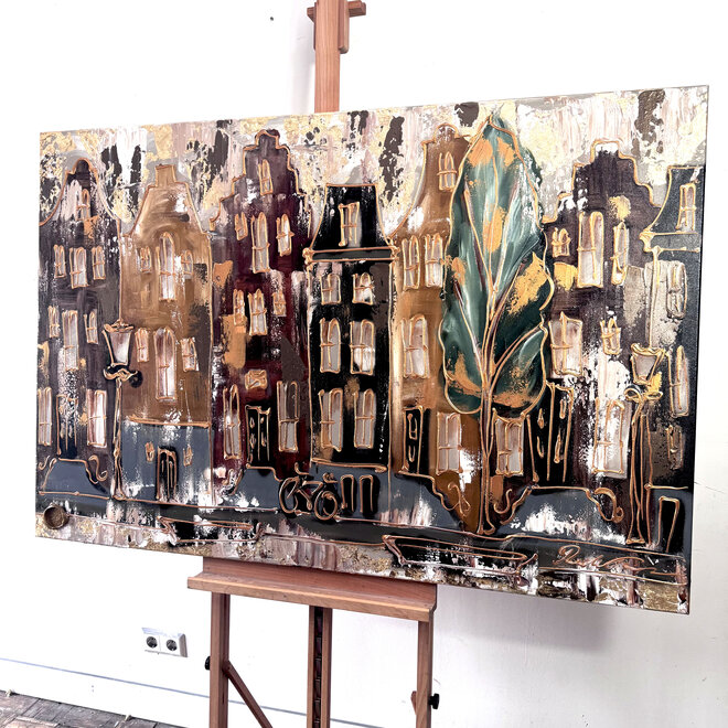 Painting- 100x150cm - Rick Triest - Amsterdam LUXURY style - grachten gevels in omber & Gold #29