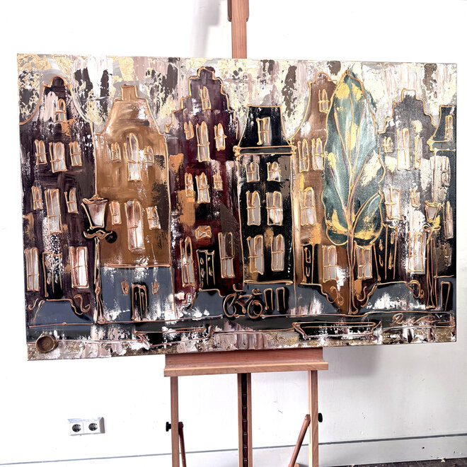 Painting- 100x150cm - Rick Triest - Amsterdam LUXURY style - grachten gevels in omber & Gold #29